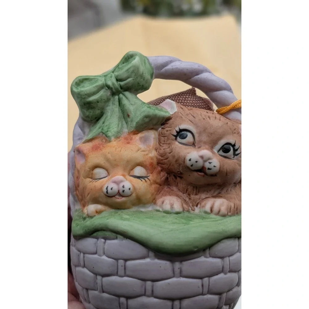 Vintage Enesco Basket Babies Porcelain Bell – Kittens in Basket – Genuine Bisque